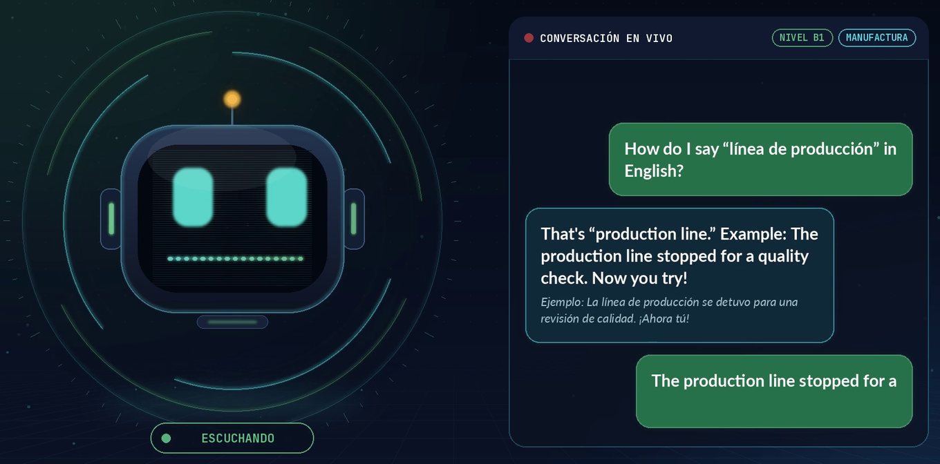 Pantalla de Nova: un robot con cara animada conversa en inglés con un alumno y le da un ejemplo sobre la línea de producción.